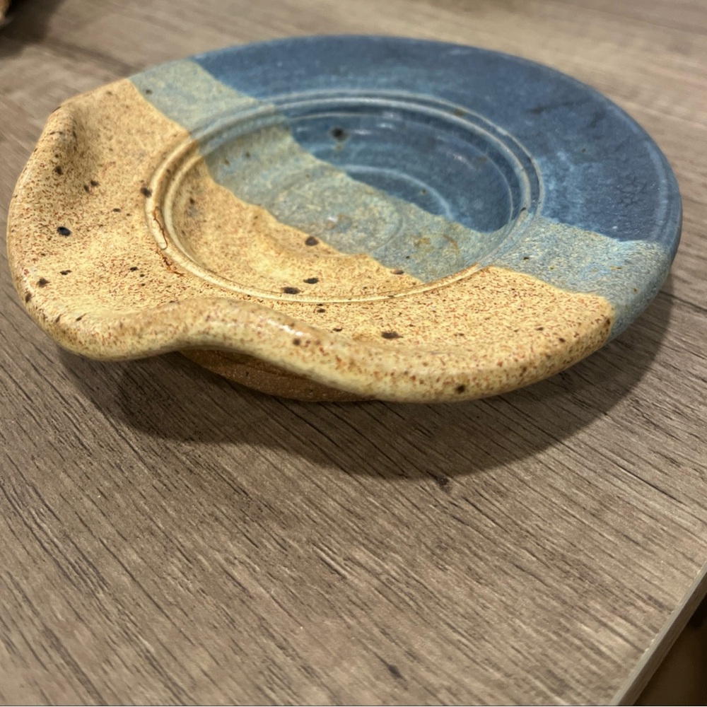 Signed Studio Pottery Lipped Plate Spoon Rest ceramic dish Blue Sea Sand Color